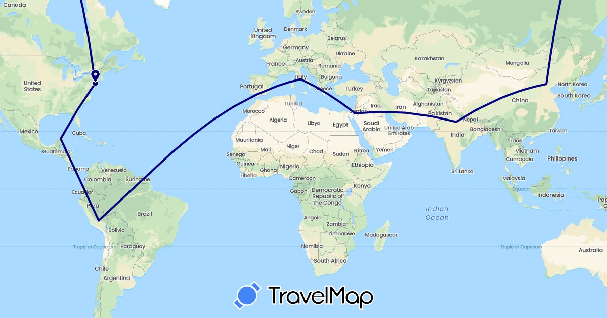 TravelMap itinerary: driving in China, India, Italy, Jordan, Mexico, Peru, United States (Asia, Europe, North America, South America)